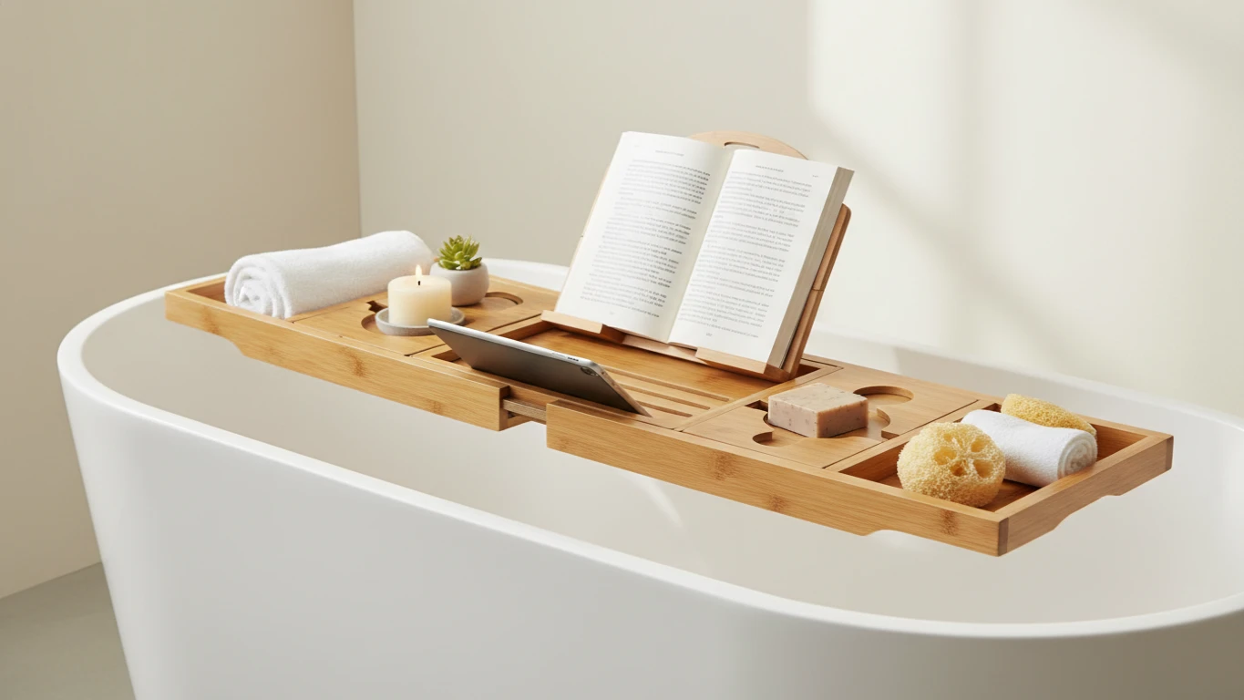 Bamboo Bathtub Caddy with Adjustable Stand