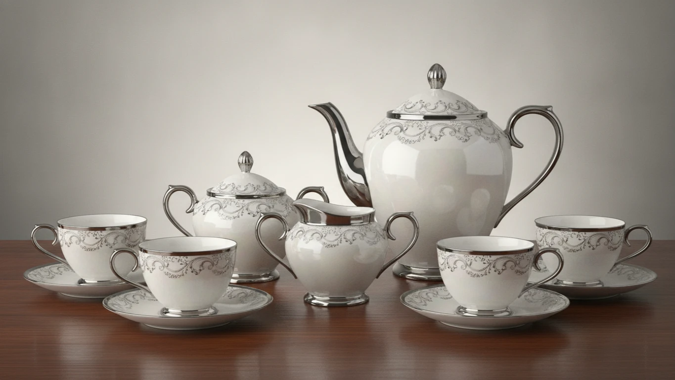 Fine Bone China Tea Set with Silver Inlay