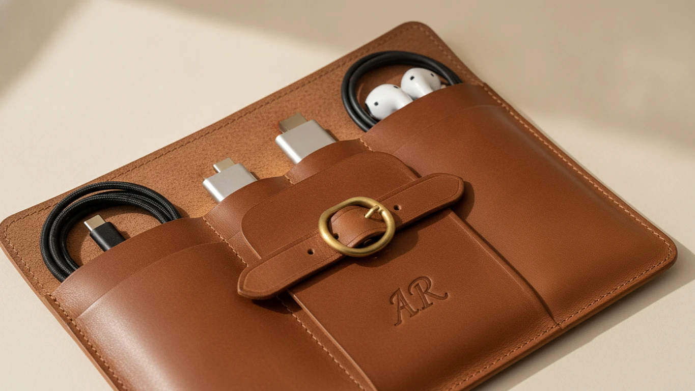 Personalized Leather Tech Cord Roll