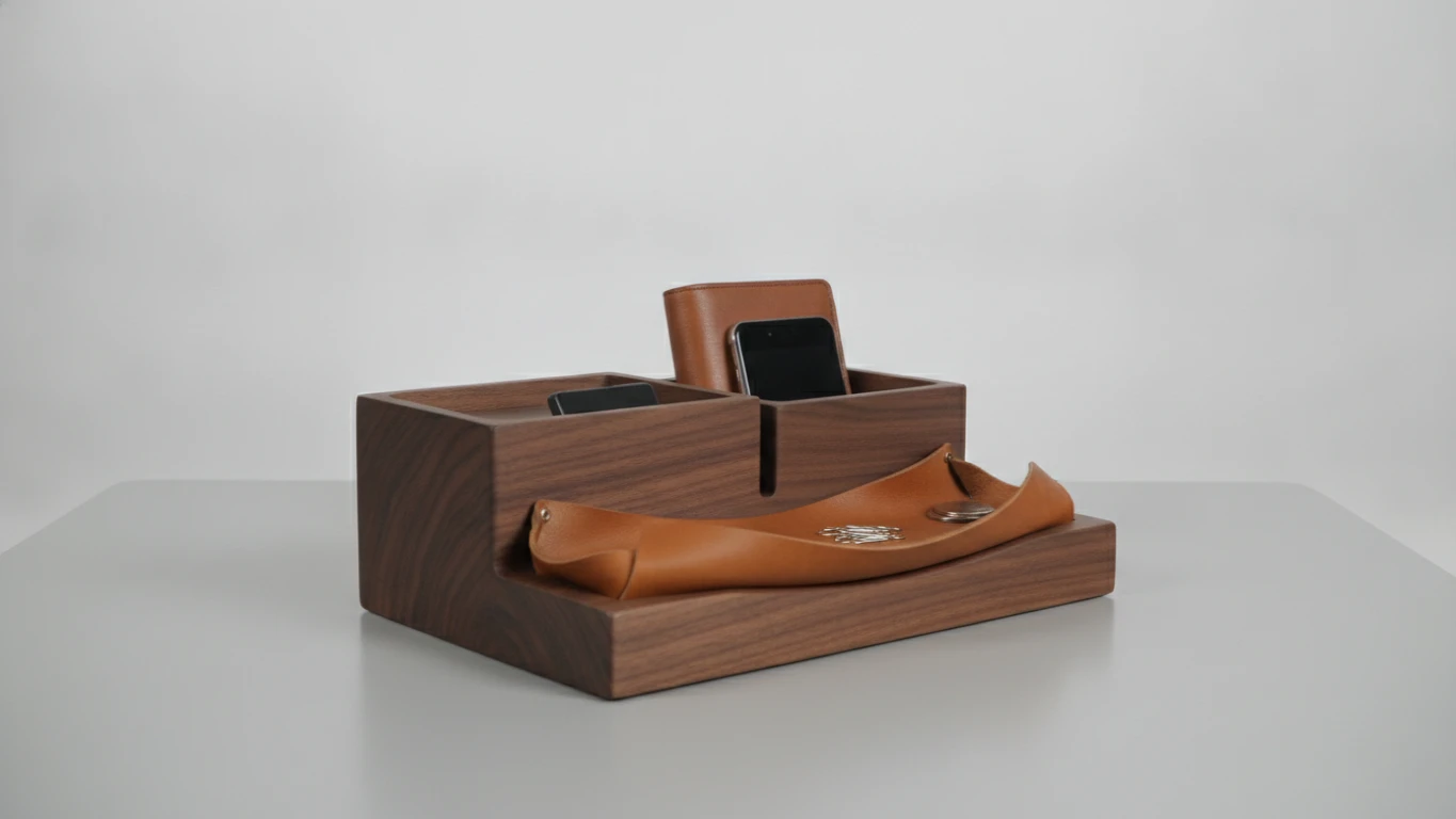 Solid Wood and Leather Desktop Organizer