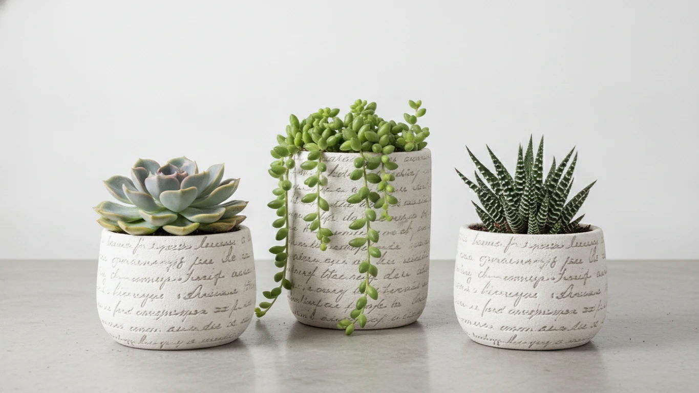 Succulent Trio in Scripted Ceramic Pots