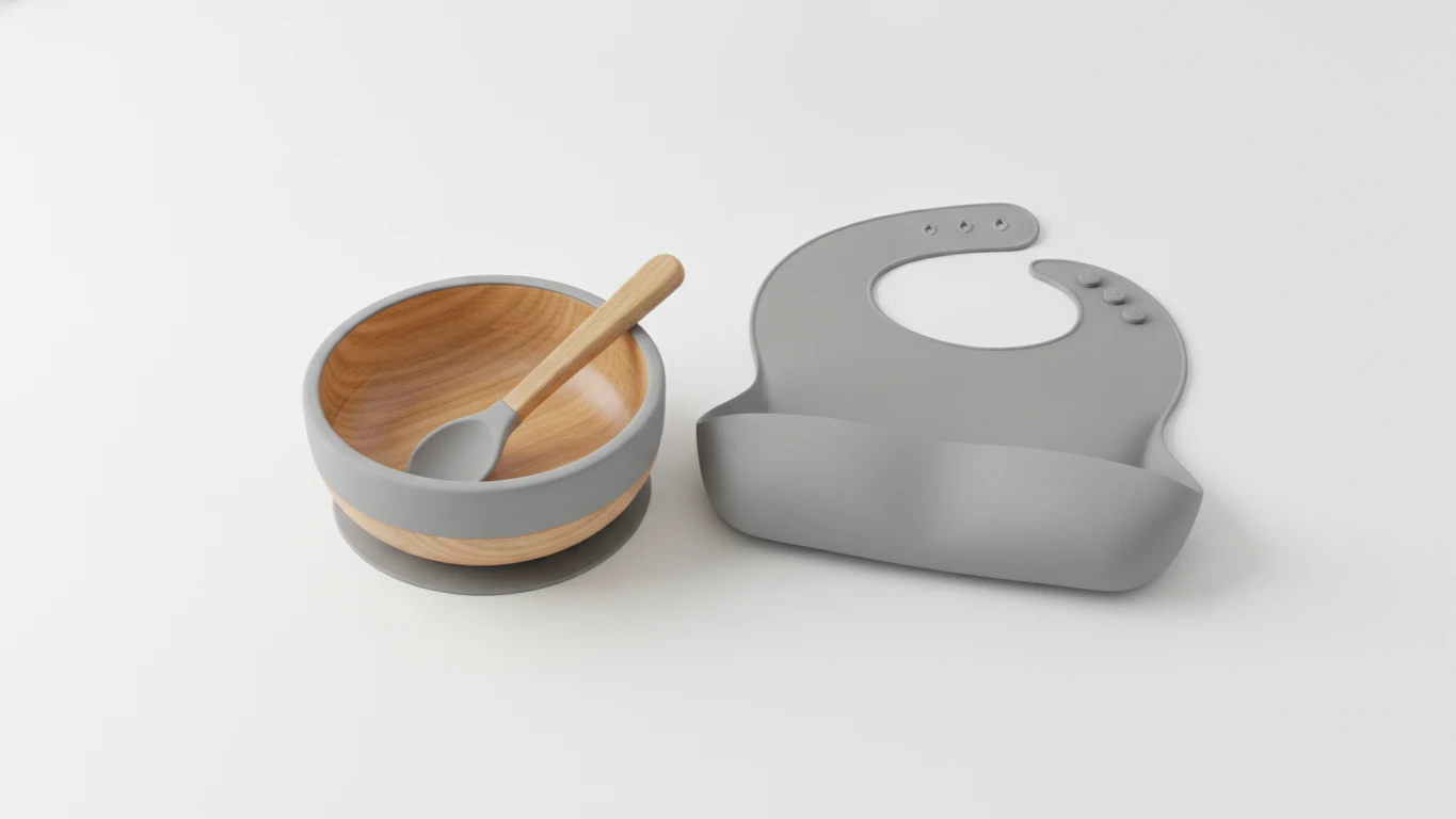 Teak and Silicone Self-Feeding Set